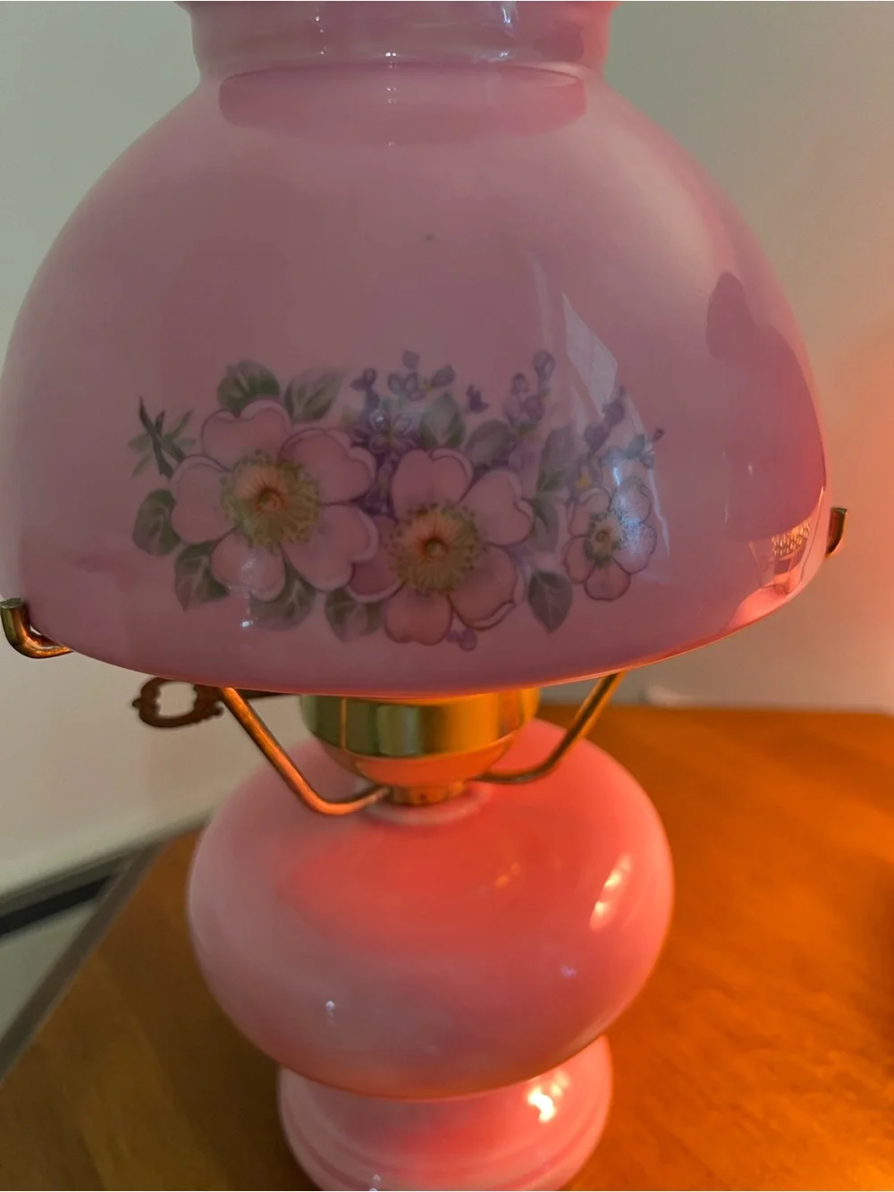 Vintage Pink Ceramic GWTW type 3-way Lamp with Floral Details-Electric-Pair